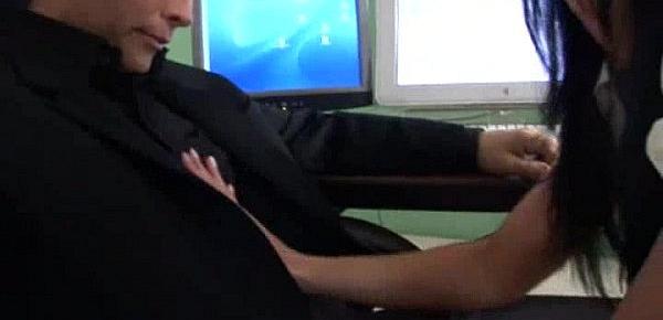 Black haired MILF wearing high heels seduces guy in the office